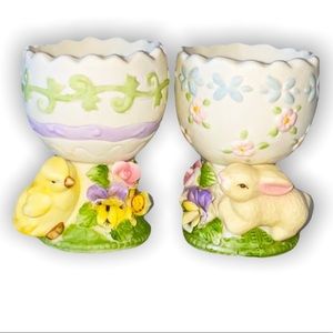 Bunny & Chick Egg Cups Bisque Porcelain Applied 3D Flowers Easter Spring Pastel